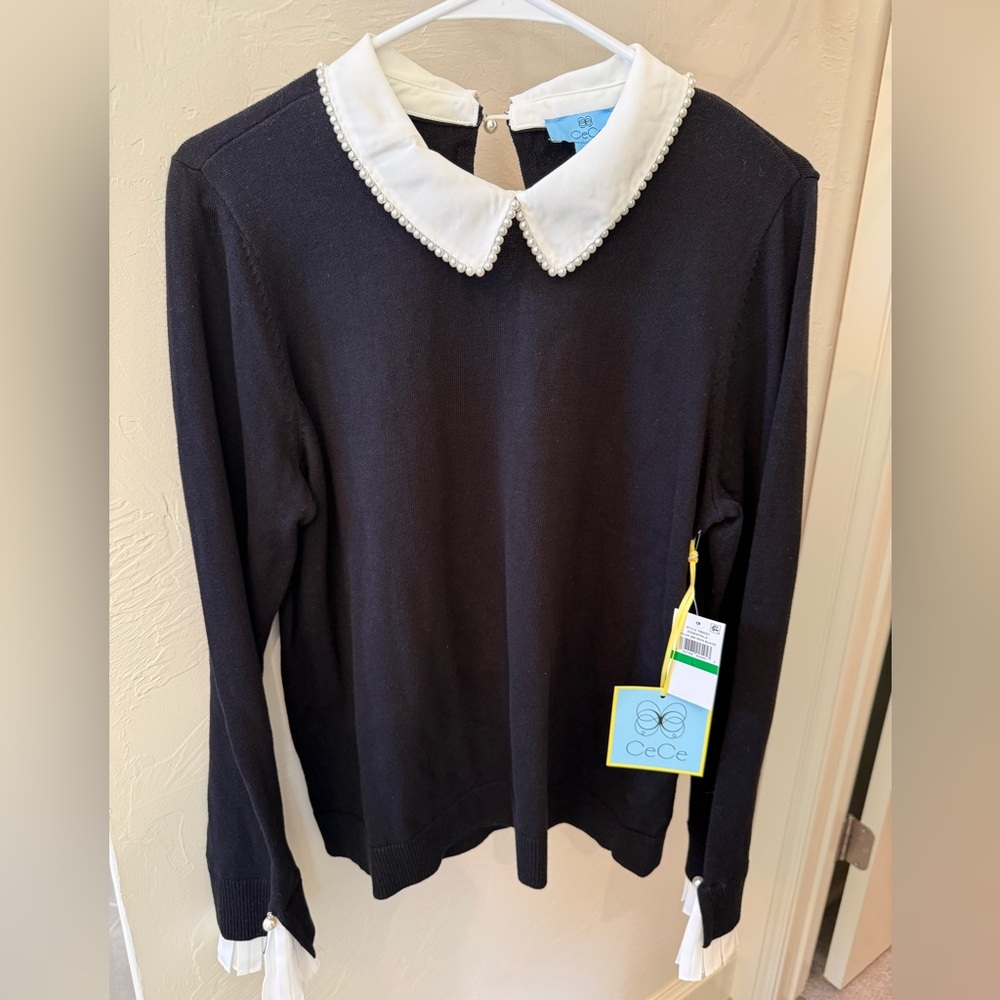 NWT CeCe Black Sweater with Pearl-Trimmed White Collar